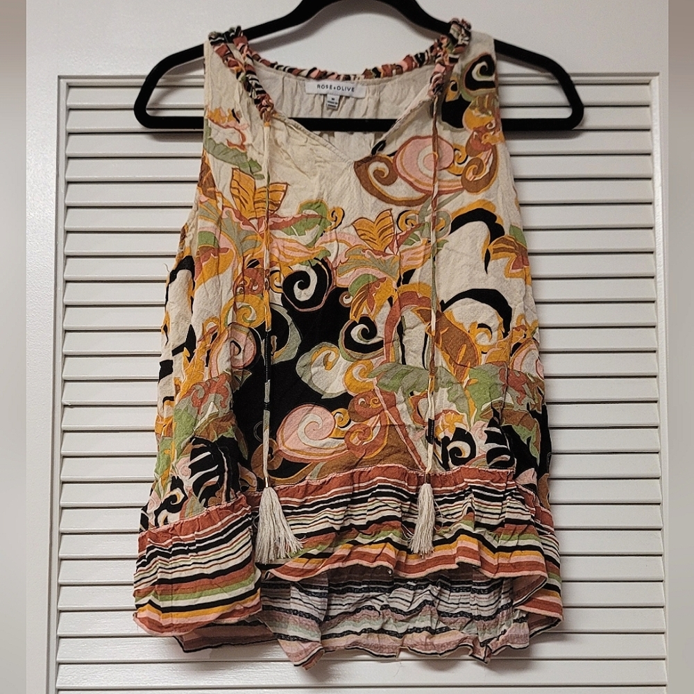 Rose + Olive - Colourful Bohemian Lightweight Sleeveless Ruffle Detail Top